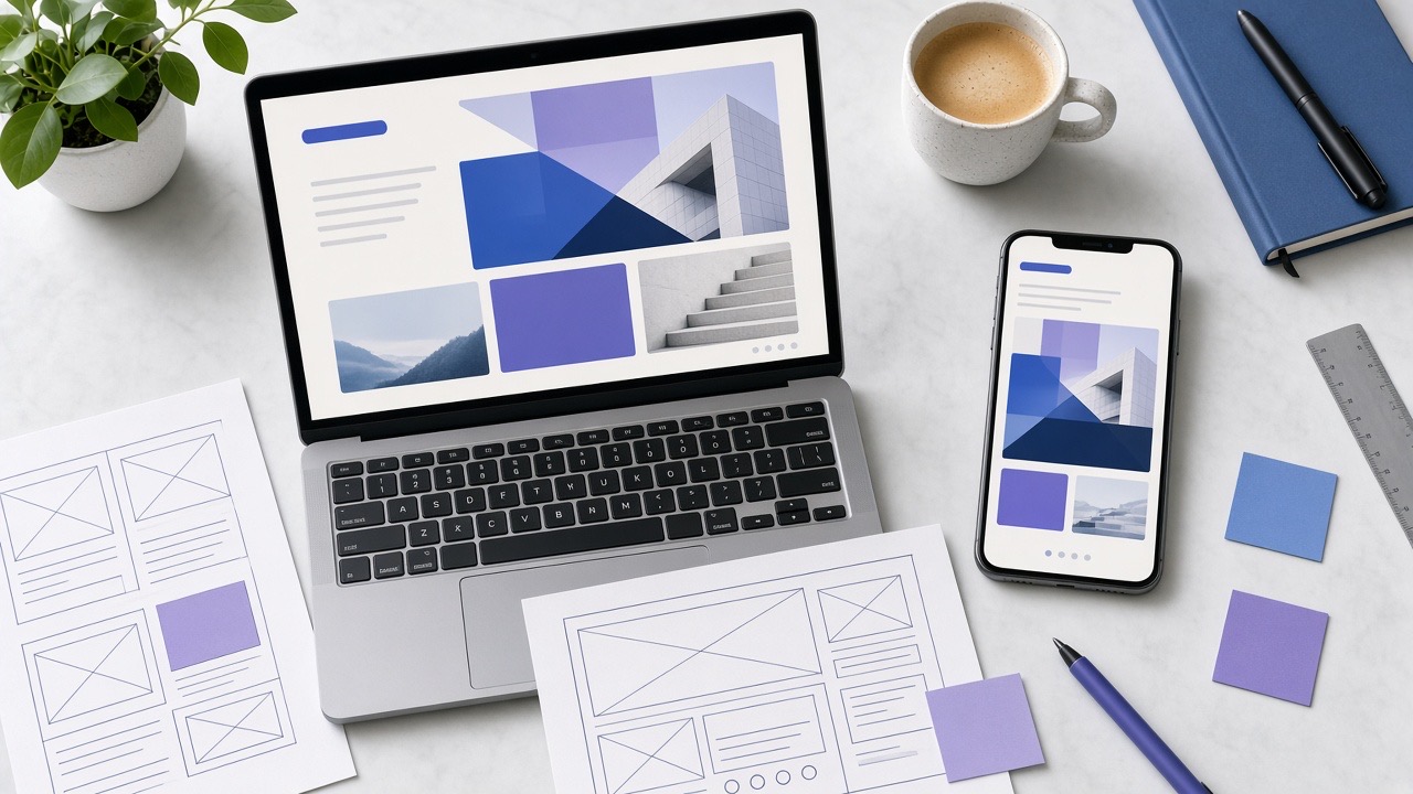 Masada kurumsal web sitesi tasarımı açık dizüstü bilgisayar ve telefon, yanında tel kafes çizimler