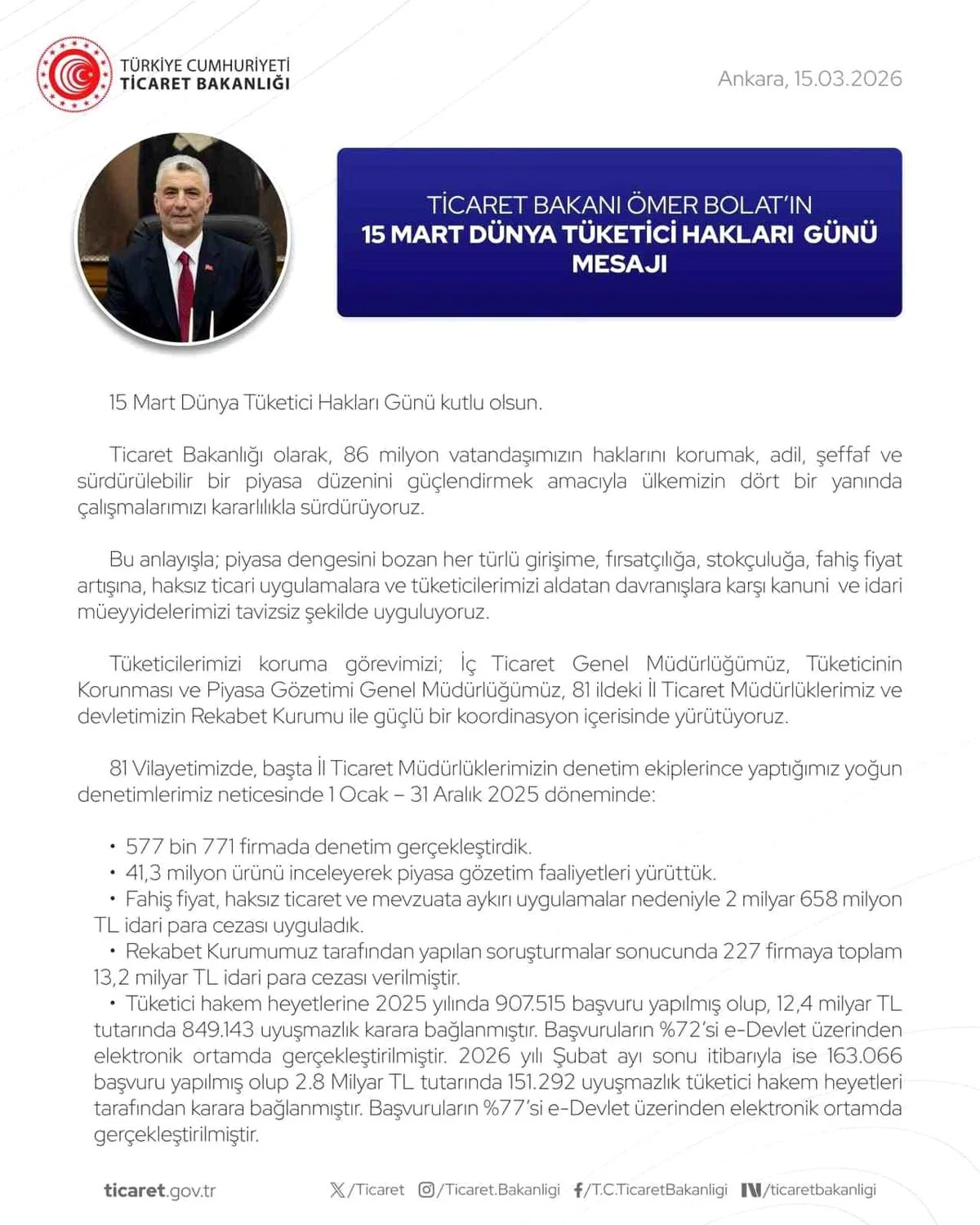 Bakan Bolat'tan Dünya Tüketici Hakları Günü mesajı